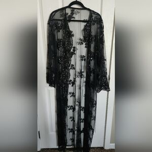 Black Lace Sequin Kimono Robe XXL Plus Long Sleeve Dark Glam